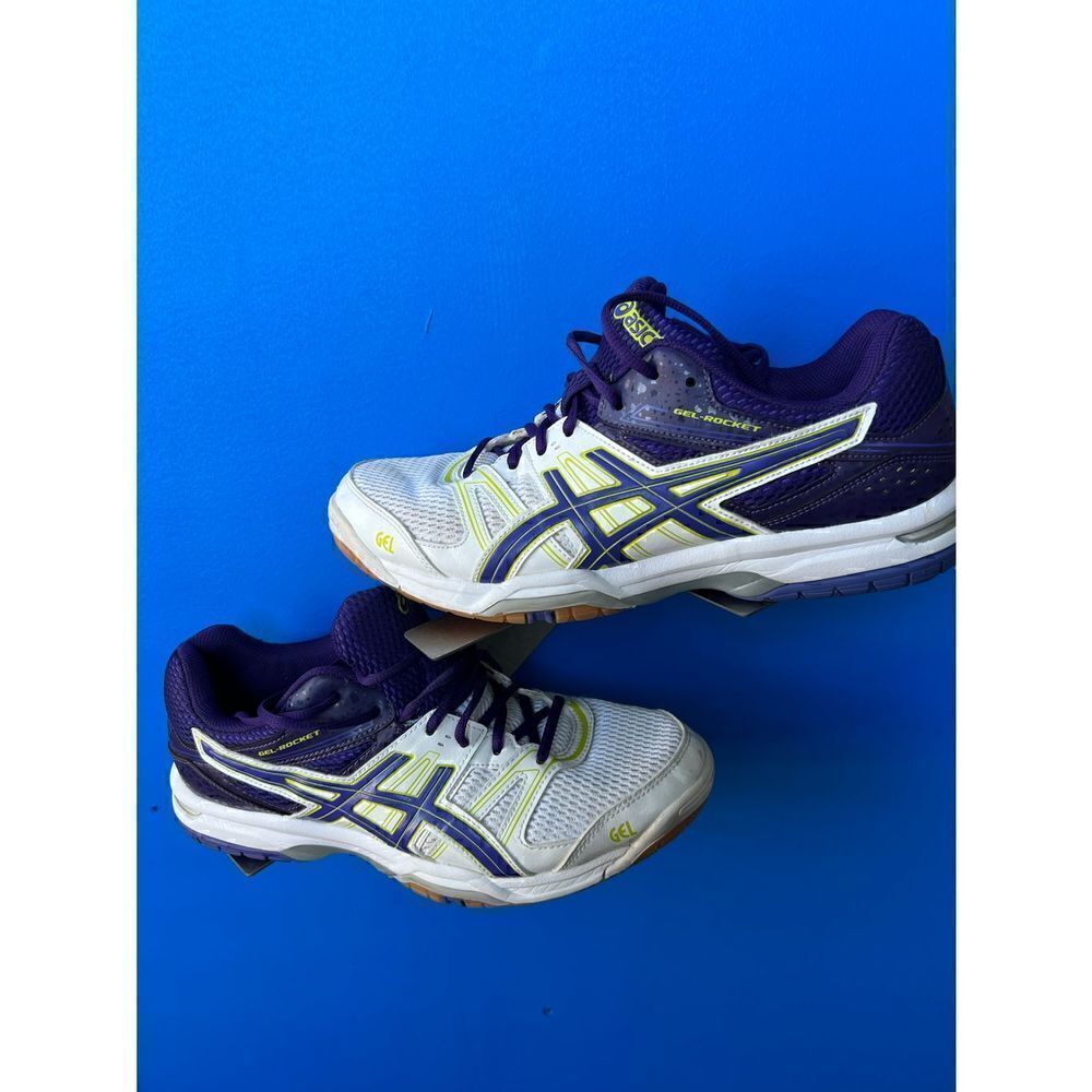 Asics Gel Rocket Women White Purple Volleyball Trainers Shoes Size11 B455N-0133
